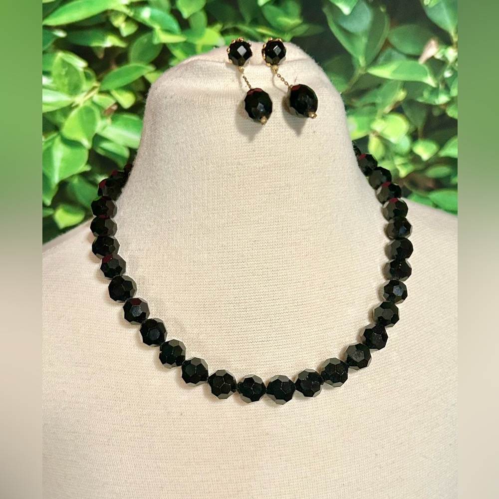 Vintage Black Glass Beaded Choker Necklace Earrings Set 7"